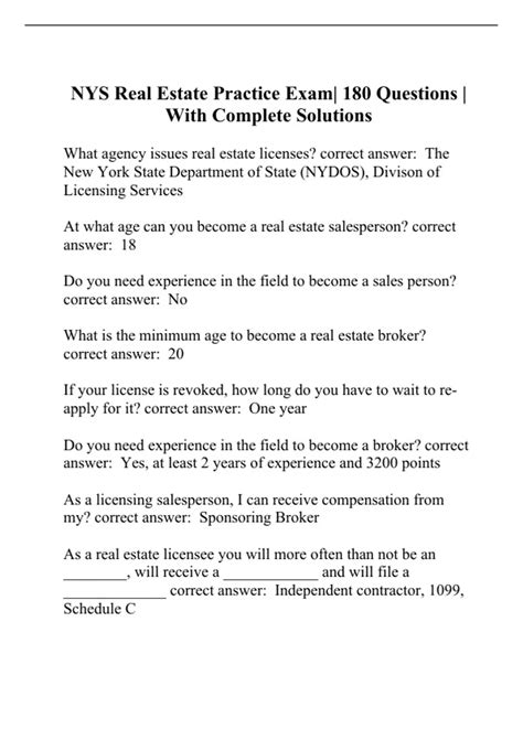 NYS Real Estate Practice Exam| 180 Questions | With Complete Solutions ...