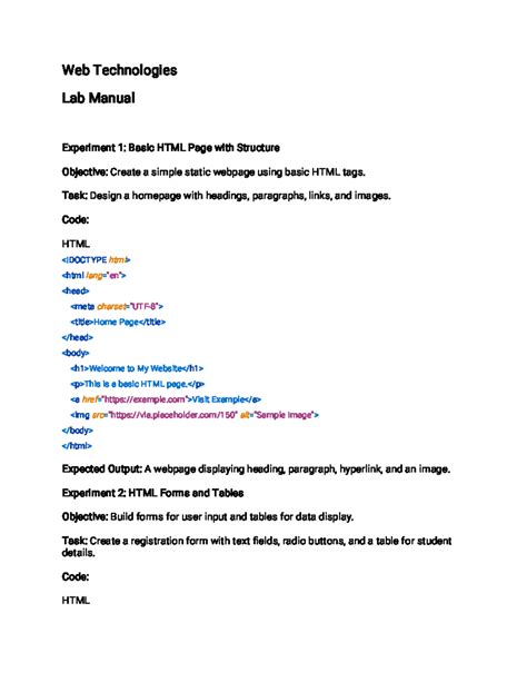 Lab Manual: Web Technologies (WT101) - Experiments Overview - Studocu