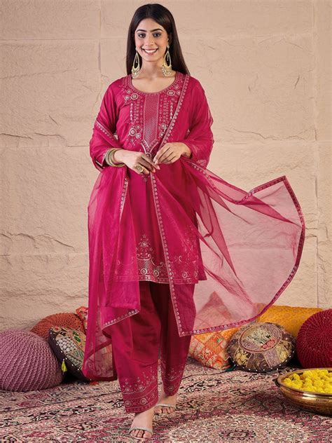 Floral Thread & Sequinned Embroidered Kurta & Dhoti Pants With Dupatta ...