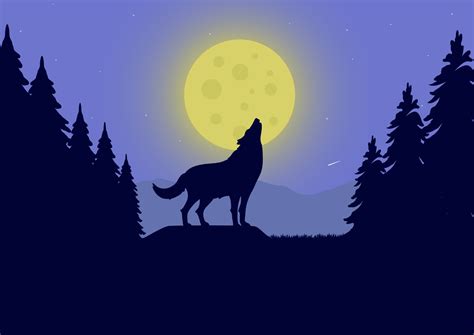 wolf howling at the full moon in the night forest vector illustration ...