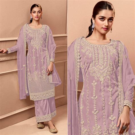 Purple Floral Embroidered Netted Pakistani Suit