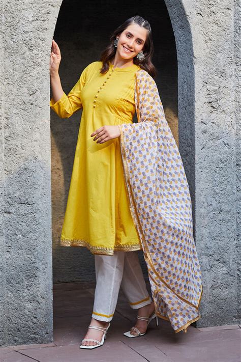 Yellow Cotton Gathered Kurta & Pants Suit Set at Biba India