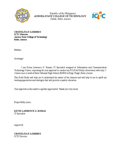 Image result for Example of Letter for Observation