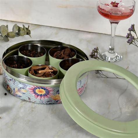 Buy Elan Gingham & Blooms 7 Compartment Spice Box with Spoon (Printed ...