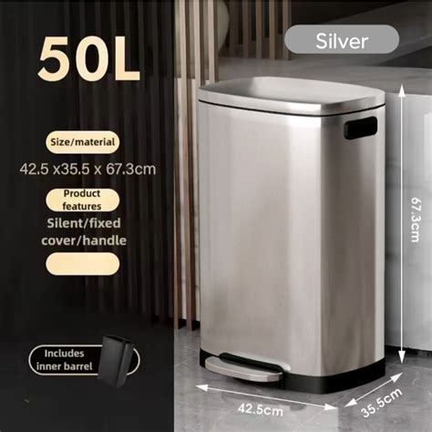 20L/30L/50L Big Dustbin Tong Sampah Bertutup High Capacity 304 ...