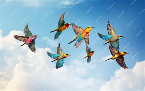Premium Photo | A Group of Colorful Birds Flying in Formation