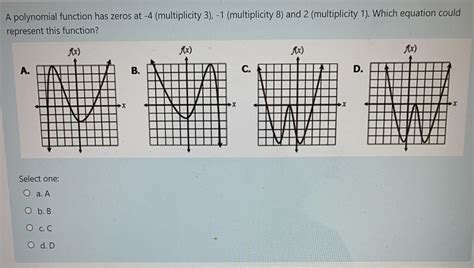 A polynomial function has zeros at -4 (multiplicity 3), -1 (multiplicity 8) and 2 (multiplicity ...