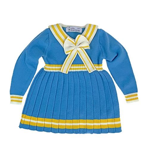 Blue & Mustard Big Bow & Stripes Sailor neck Winterwear Frock - Little ...
