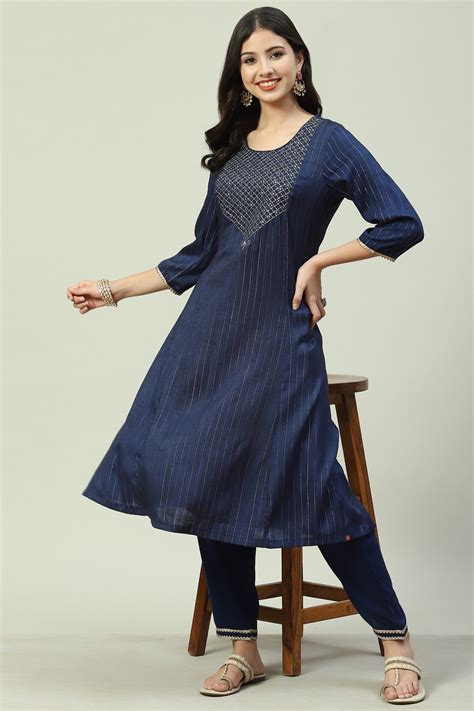 Navy Blue LIVA Metallic Straight Kurta Pant Suit Set