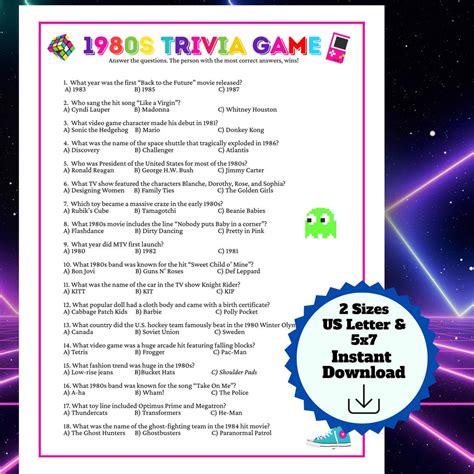 80s Trivia Questions and Answers Printable, 80s Trivia Quiz, Pub Night ...