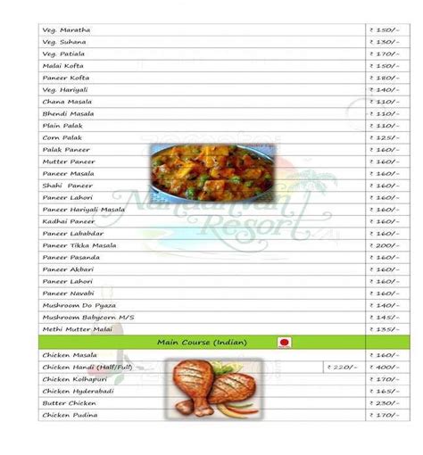 Menu at Nandanvan Resort, Khaniwade