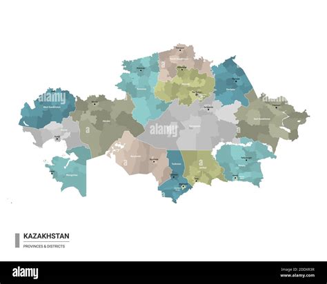 Kazakhstan higt detailed map with subdivisions. Administrative map of Kazakhstan with districts ...