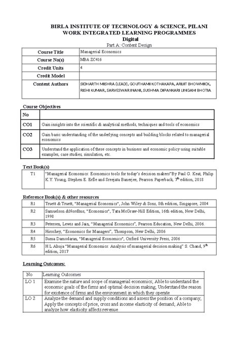 MBA ZC416 Managerial Economics Course Handout and Learning Plan - Studocu