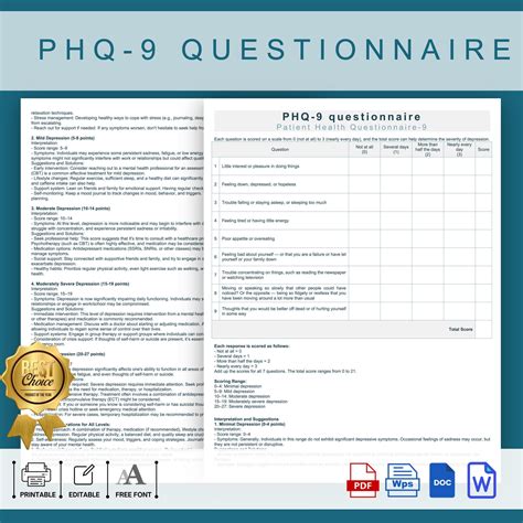 Printable PHQ-9 Questionnaire, Phq-9 Depression Test,phq-9 Self ...