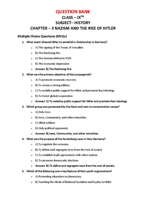 Class IX History Question Bank: Chapter 3 - Nazism & Hitler's Rise ...