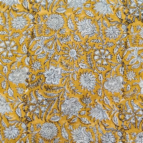 Pure Cotton Jaipuri Sandy Mustard With Off White Flower Jaal Hand Bloc ...