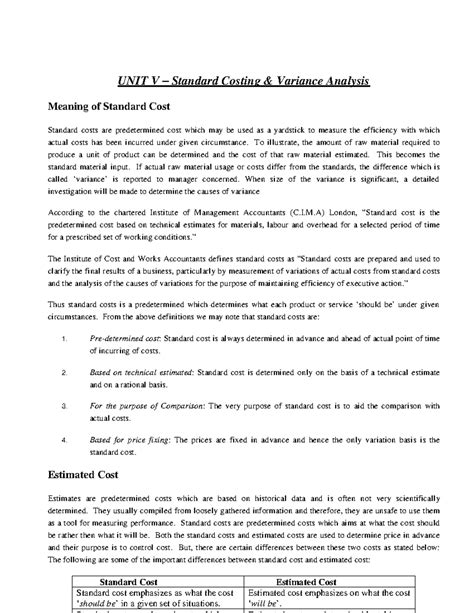 Standard Costing UNIT V - UNIT V – Standard Costing & Variance Analysis ...