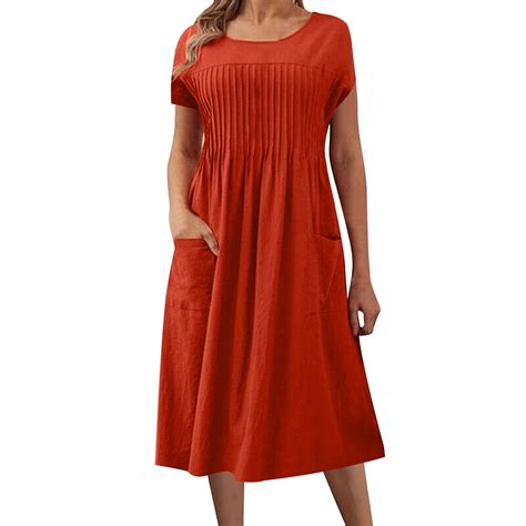 Burnt Orange Juniors Crew Vneck Neck Faux Linen Casual Dresses for ...