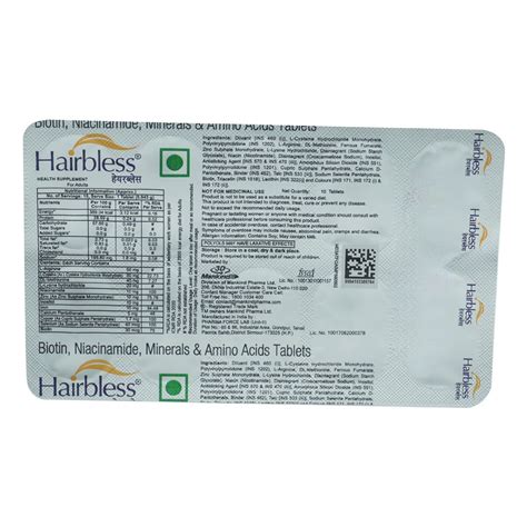 Buy Hairbless Adults Tablet 10 | with Biotin and Niacin | Gluten Free ...
