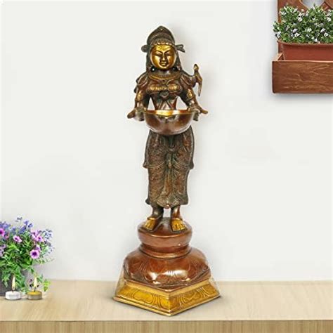 Artvarko 1 Feet Large Brass Peacock Design Multi Oil Wick Diya Lamp ...