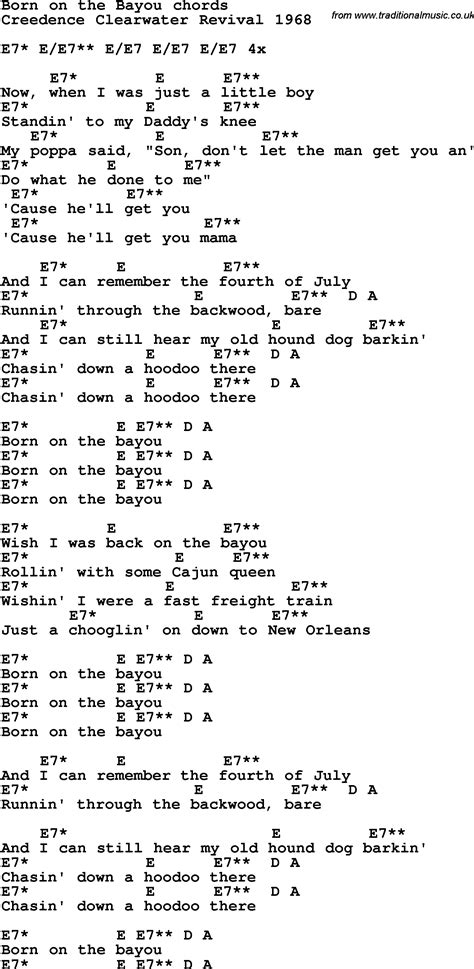 Song lyrics with guitar chords for Born On The Bayou