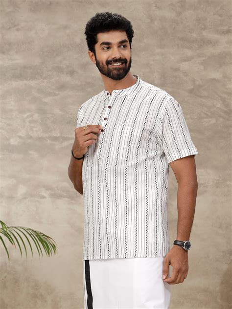 Men Cotton Short Length Striped Pocket Kurta White PB26