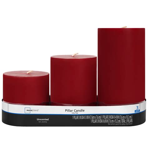 Mainstays Unscented Red Decorative Pillar Candle Set 3x3 3x4 and 3x6 ...