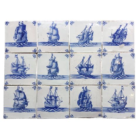 Rare Set of 12 Blue and White Dutch Delft Tiles with Ships at 1stDibs
