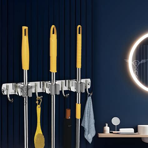 Stainless Steel 3 Racks with 4 Hooks Wall Mounted Broom and Mop Stick ...
