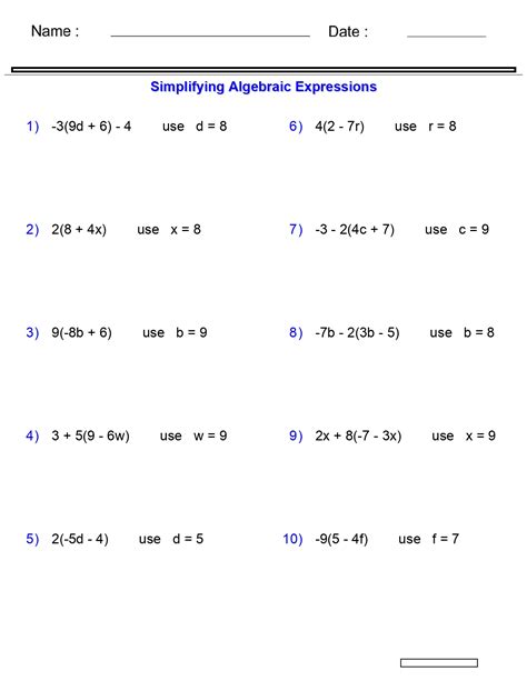 Algebraic Expressions Worksheets Evaluating One Variable Worksheets 3 ...