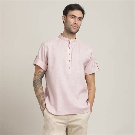 Saltpetre Men's Pink Organic Relaxed Half Sleeve Mandarin Shirt with ...