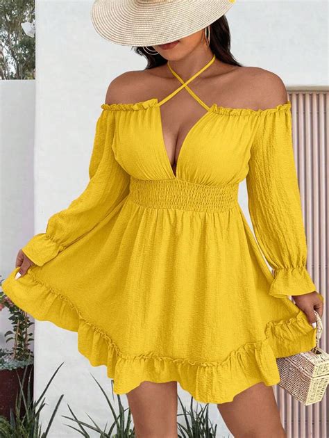 Celure Women Plus Size Solid Color Halter Neck Casual Dress, Suitable ...