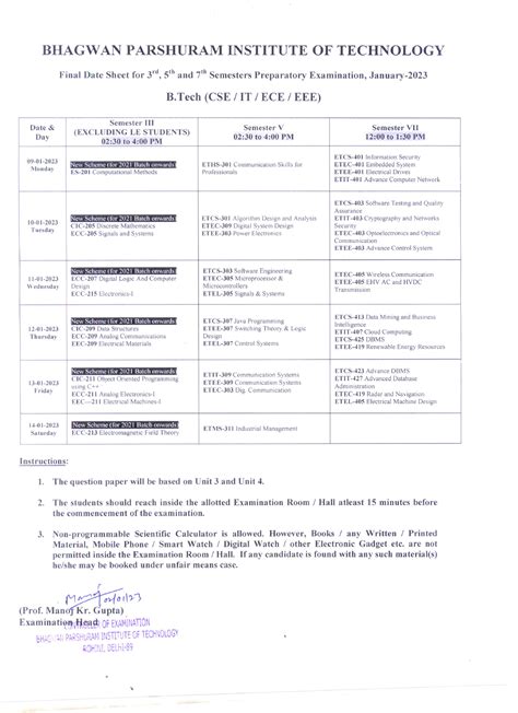 Final Date Sheet for 3rd, 5th, 7th Sem. Preparatory Exam - Computer ...