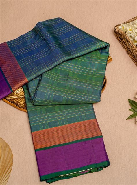 Peacock Green Zari Checks Pure Kanjivaram Silk Sari – Clio Silks