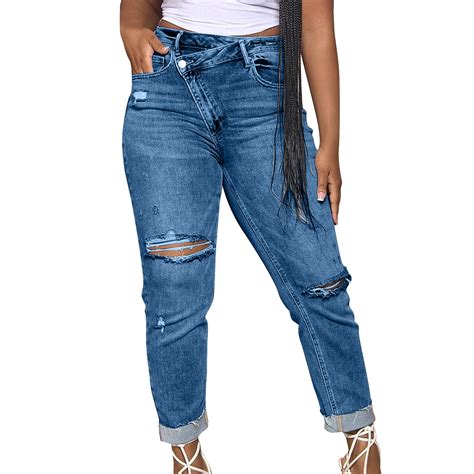 cFmduc Women's Boyfriend Jeans Distressed Slim Fit Ripped Denim Pants ...