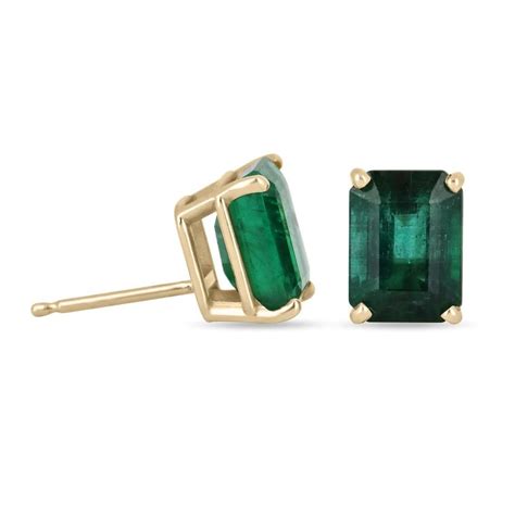 5.0tcw 18K AAA Natural Emerald-Emerald Cut Four Prong Yellow Gold Stud ...