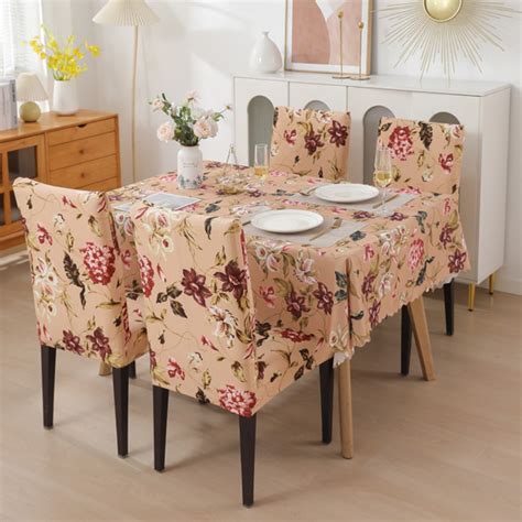 Premium Dining Table & Chair Cover Combo - Floral Beige - Trendize