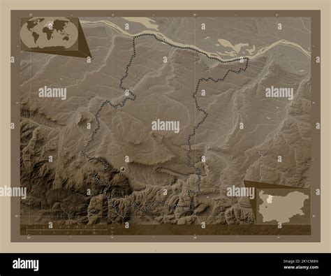 Vratsa, province of Bulgaria. Elevation map colored in sepia tones with lakes and rivers. Corner ...