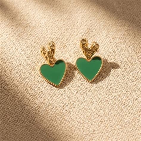 Green Heart Gold Drop Earrings for Women | Statement Romantic Jewellery