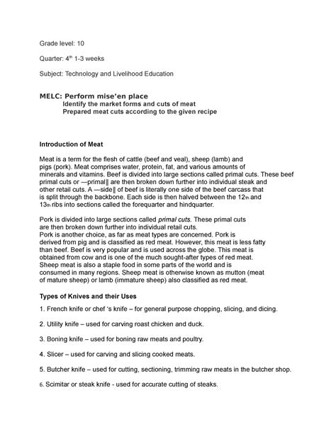 Pork-Cuts-last - Pork cuts - Grade level: 10 Quarter: 4th 1-3 weeks ...