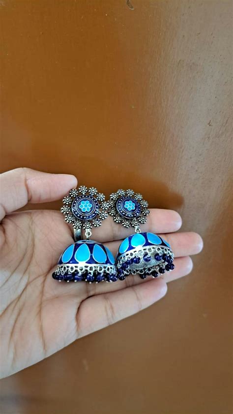 Shop Sliver Plated Blue Tone Jhumki |Jhumka Earrings | Johori