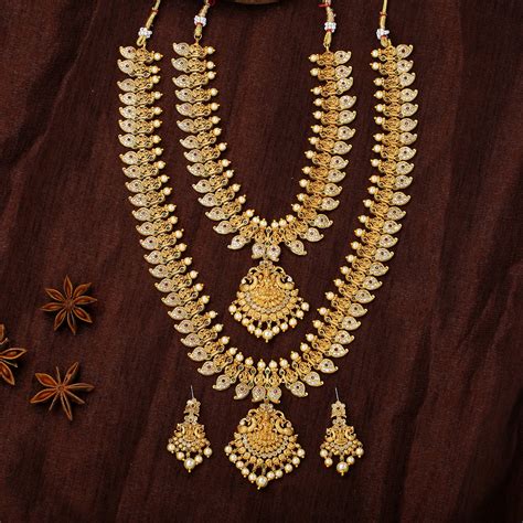 Gold Plated CZ Laxmi Ji with Paisley Motifs Bridal Necklace Set Combo ...