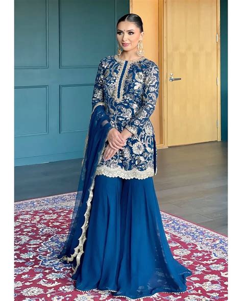 Blue Color Tread With 9MM Sequence Work Sharara Suit