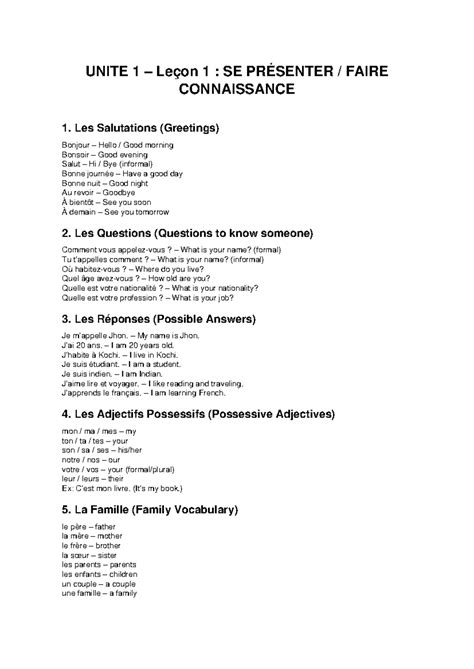 UNITE 1 – Leçon 1 : Salutations et Présentations en Français - Studocu