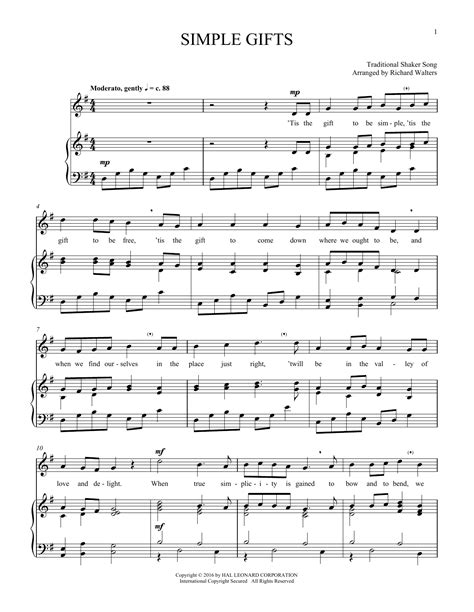 Simple Gifts by Traditional Shaker Hymn Sheet Music for Piano & Vocal ...