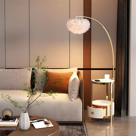 Modern Metal 14-15 Inch Floor Lamp with Feather Shade and Storage Shelf ...