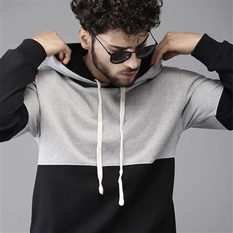 Men Black & Grey Colourblocked Hooded Sweatshirt