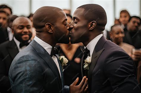 Premium Photo | Gay couple marriage two black men kissing just married
