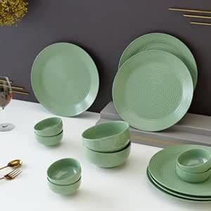 The Earth Store Spiral Green Set of 14 Piece Ceramic Dinner Set, 6 Full ...