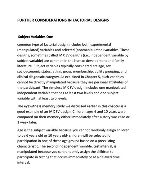 Further Considerations IN Factorial Designs - FURTHER CONSIDERATIONS IN ...